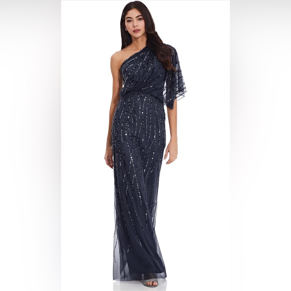 Adrianna Papell Navy One-Shoulder Beaded Evening Gown